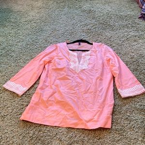 NYDJ, size medium. This shirt is more of a salmon color shirt. Embroidered tunic